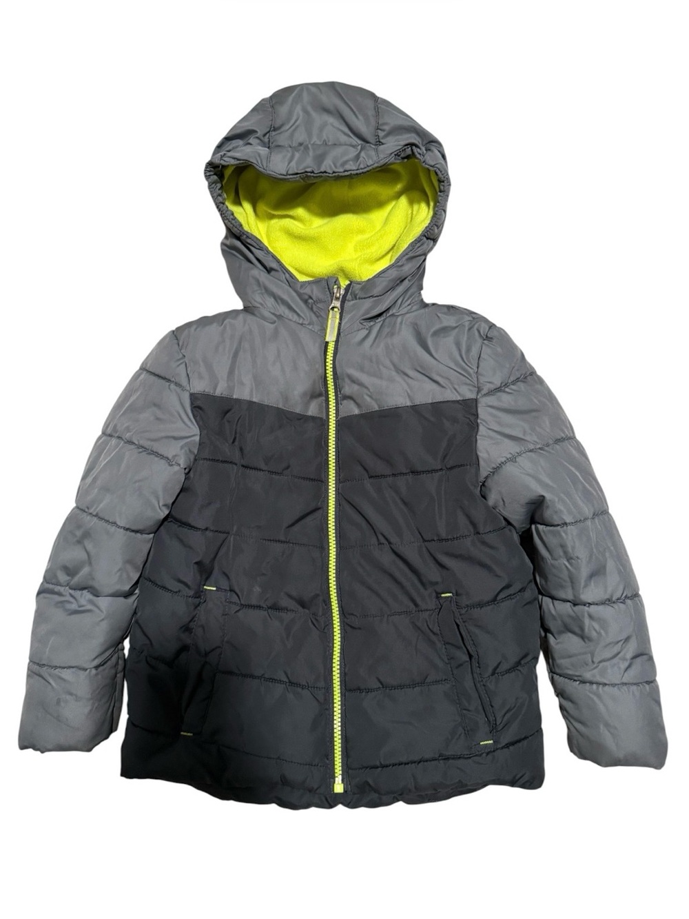 Kids Gray & Black Hooded Puffer Jacket with Lime Lining